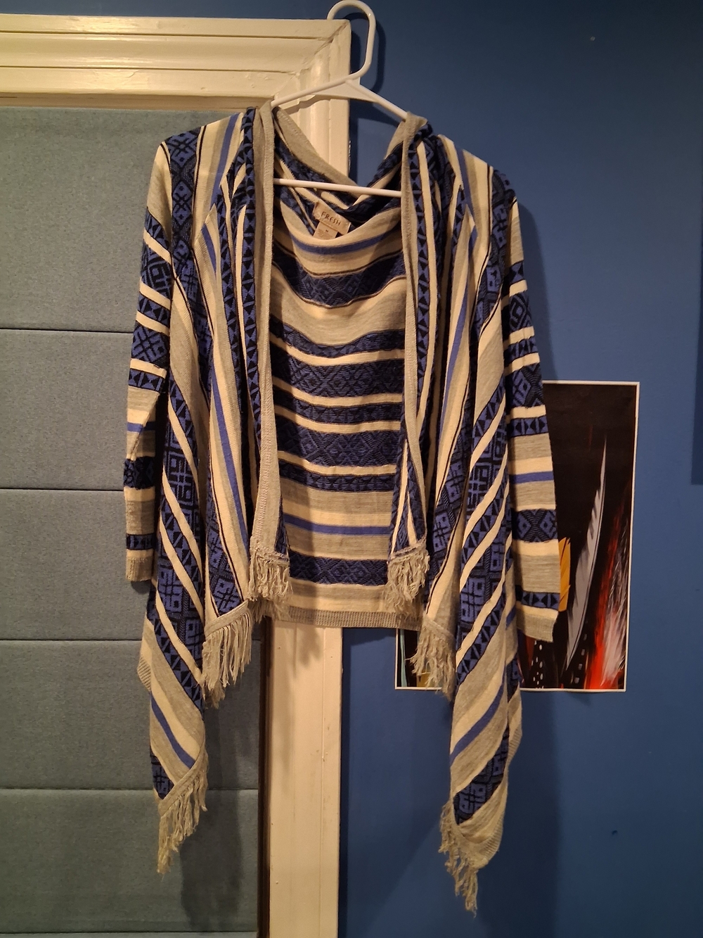 Fresh Bohemian Aztec Blue & Grey Fringe Cardigan Sweater Womens Size Medium